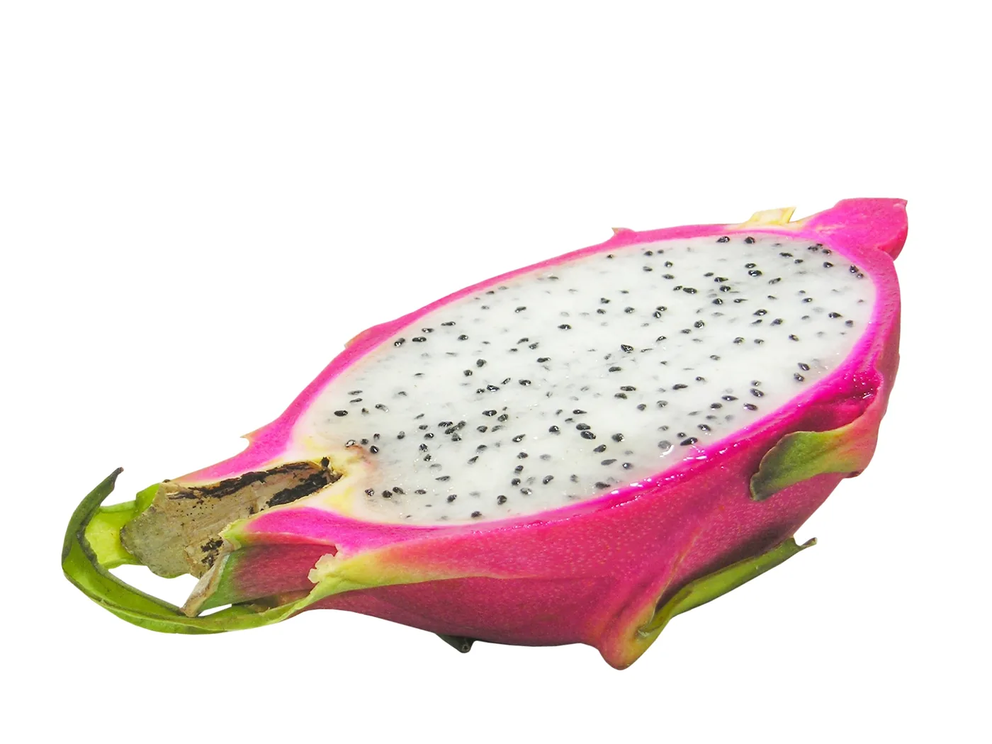 A halved white-fleshed dragon fruit with pink skin and black seeds